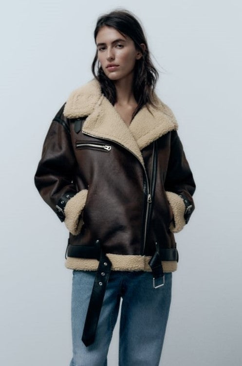 Shearling Jacket Women's with Zip Closure and Relaxed Fit - Image 1