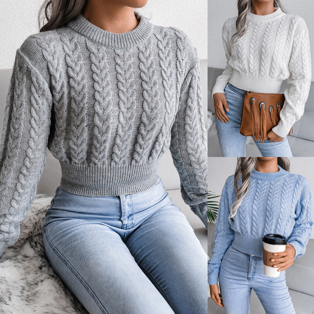 Sweter damski z splotem warkoczowym w krótkim fasonie - 5 - Stylpuls