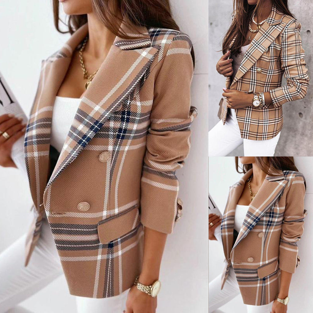Elegancka dwurzędowa marynarka damska w kratę z taliowanym krojem - 2 - Stylpuls