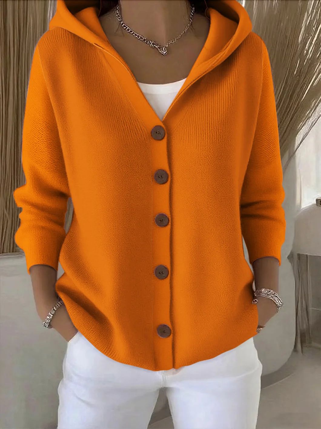 Damski kardigan z kapturem w kroju oversize z guzikami - 6 - Stylpuls