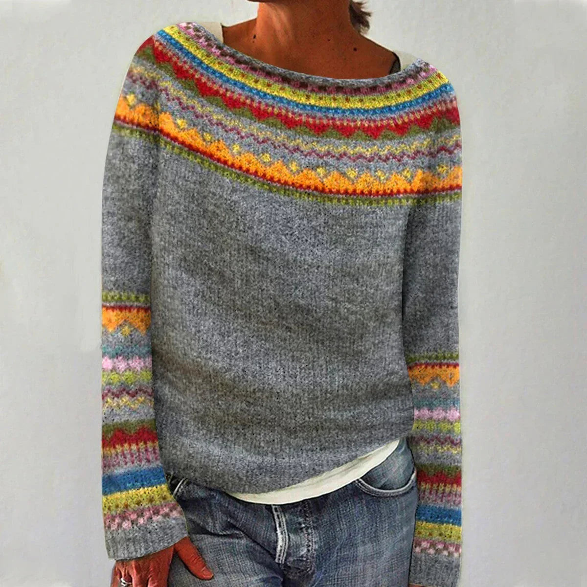 Sweter damski z kolorowym wzorem i luźnym krojem - 2 - Stylpuls