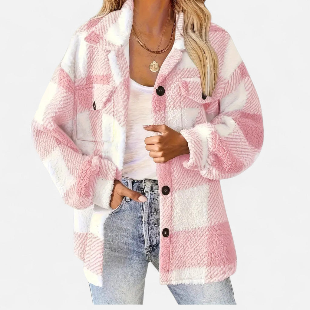 Kurtka damska o oversize'owym kroju w kratę z kieszeniami - 6 - Stylpuls