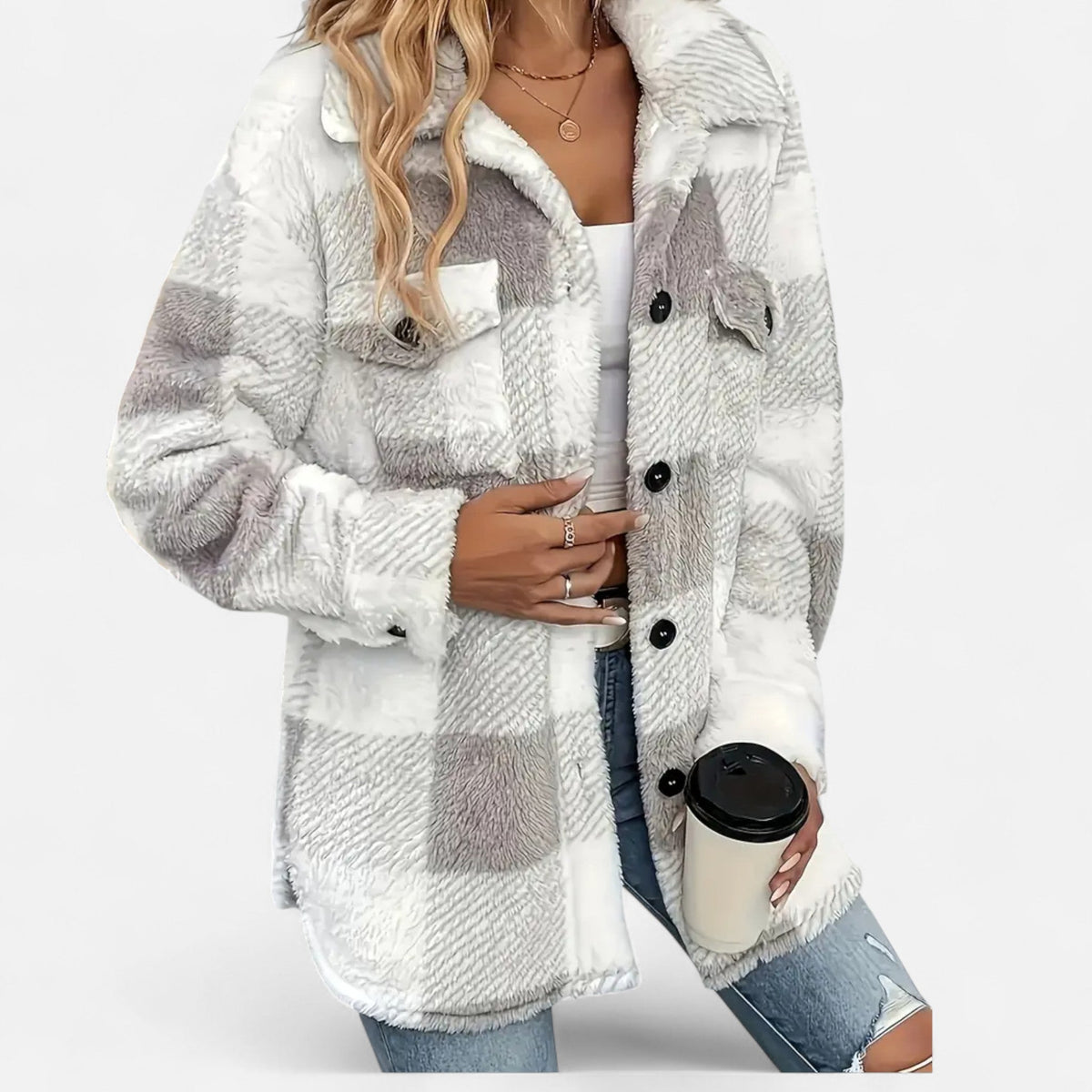 Kurtka damska o oversize'owym kroju w kratę z kieszeniami - 9 - Stylpuls