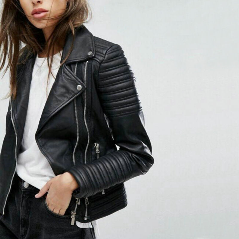 Biker Jacket Women's Cropped Fit with Zip Closure - Image 3
